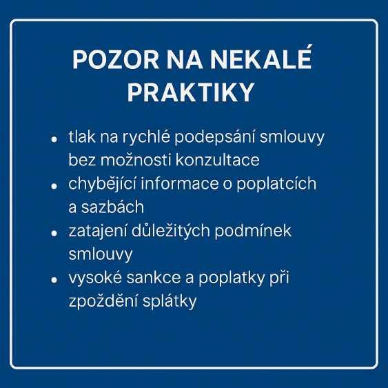 Infografika na co si dát pozor u nebankovních půjček_vysoké provize zprostředkovatelů_příliš vysoké poplatky_vždy chtějte smlouvu předem_možnost obrátit se na finančního arbitra